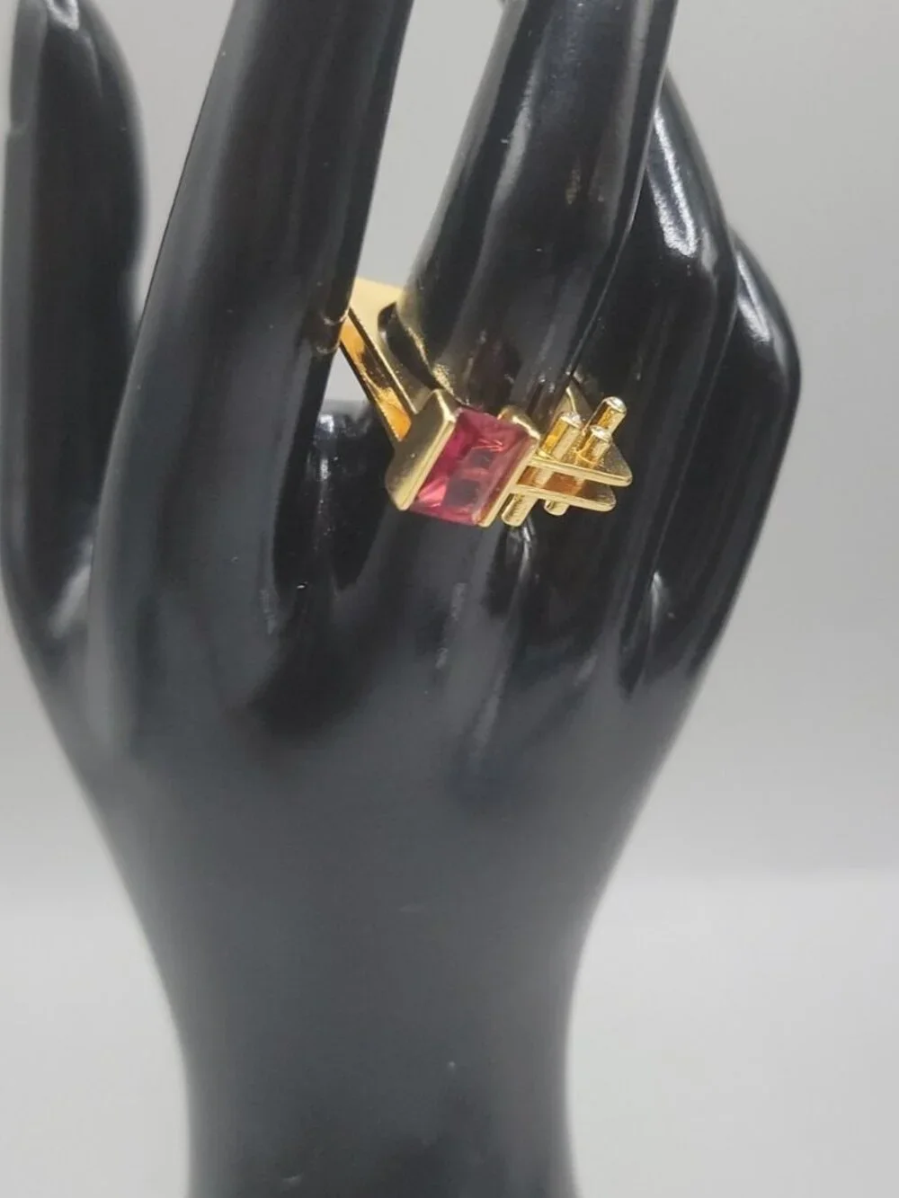 VTG Gold Vermeil Geometric Statement Ring Emerald Cut Pink Red Crystal 925 8.6